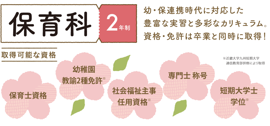 『保育科(2年制)』幼・保連携時代に対応した豊富な実習と多彩なカリキュラム。資格・免許は卒業と同時に取得!取得可能な資格:保育士資格、幼稚園教諭2種免許※、社会福祉主事任用資格※、専門士 称号、短期大学士 学位※(※印のついているものは近畿大学九州短期大学通信教育部併修により取得)